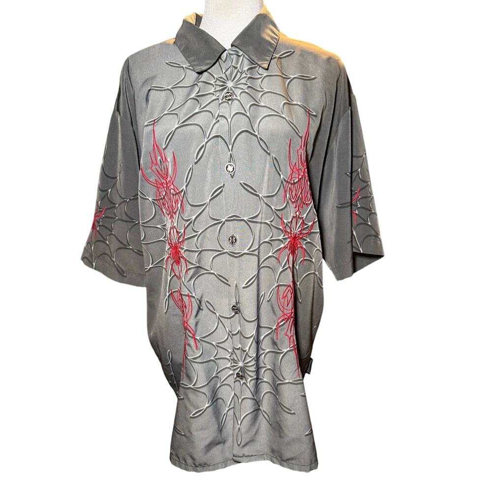 Dragonfly Spider Web Shirt, Spider Buttons, Gray Red, Rare Goth Y2K, Size XL